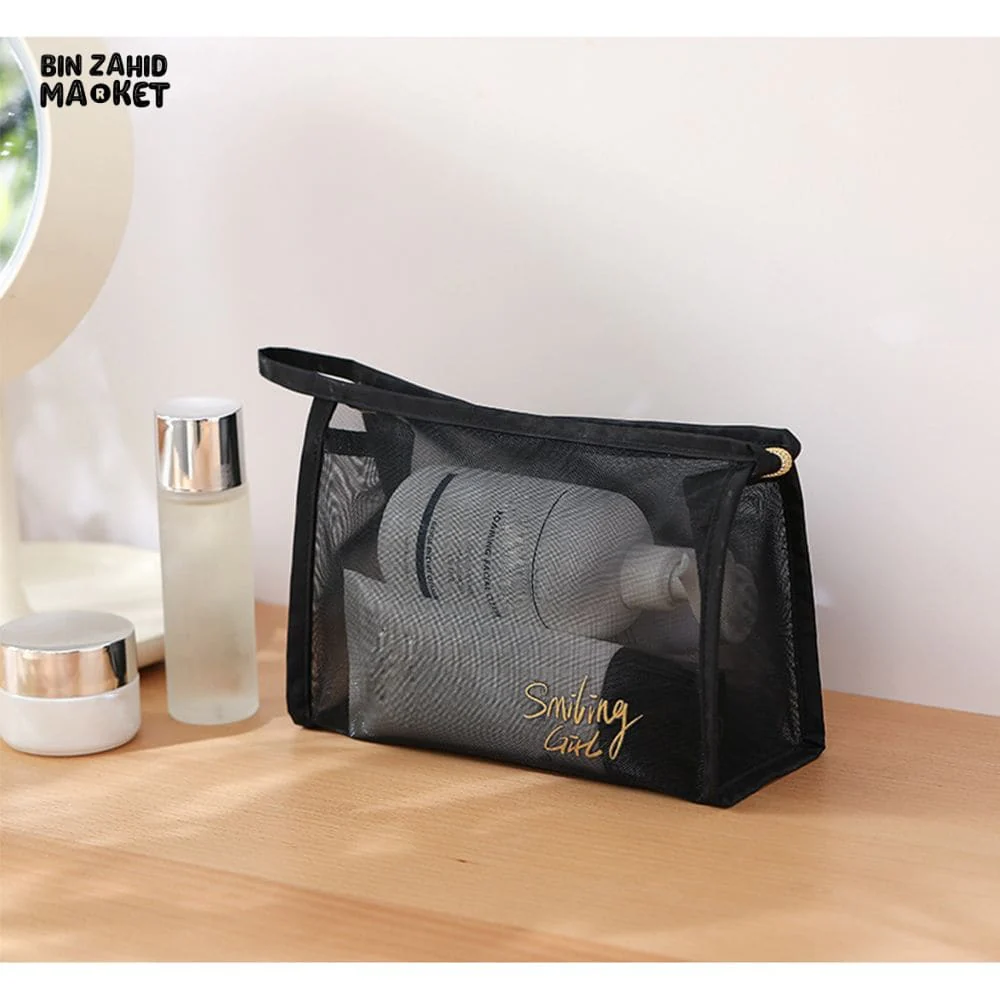 5 PIECES BLACK MESH COSMETIC BAG SET – TRANSPARENT TRAVEL MAKEUP ORGANIZER SMALL & LARGE TOILETRY BAGS WITH BRUSH HOLDER - Image 4
