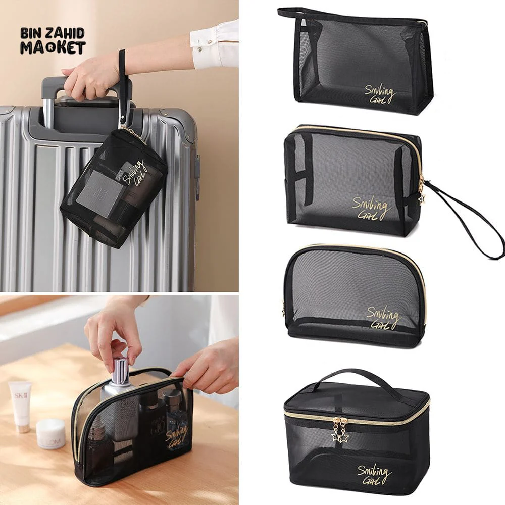 5 PIECES BLACK MESH COSMETIC BAG SET – TRANSPARENT TRAVEL MAKEUP ORGANIZER SMALL & LARGE TOILETRY BAGS WITH BRUSH HOLDER - Image 5