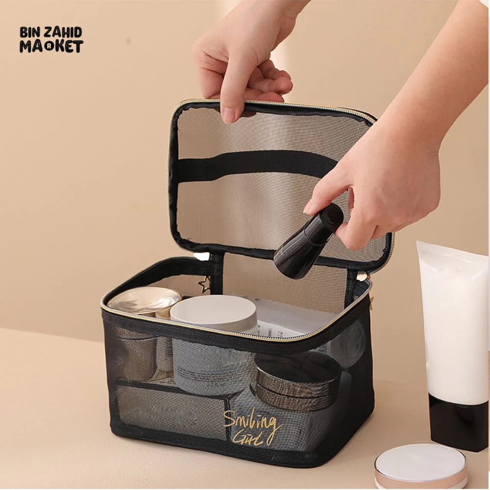 5 PIECES BLACK MESH COSMETIC BAG SET – TRANSPARENT TRAVEL MAKEUP ORGANIZER SMALL & LARGE TOILETRY BAGS WITH BRUSH HOLDER - Image 7