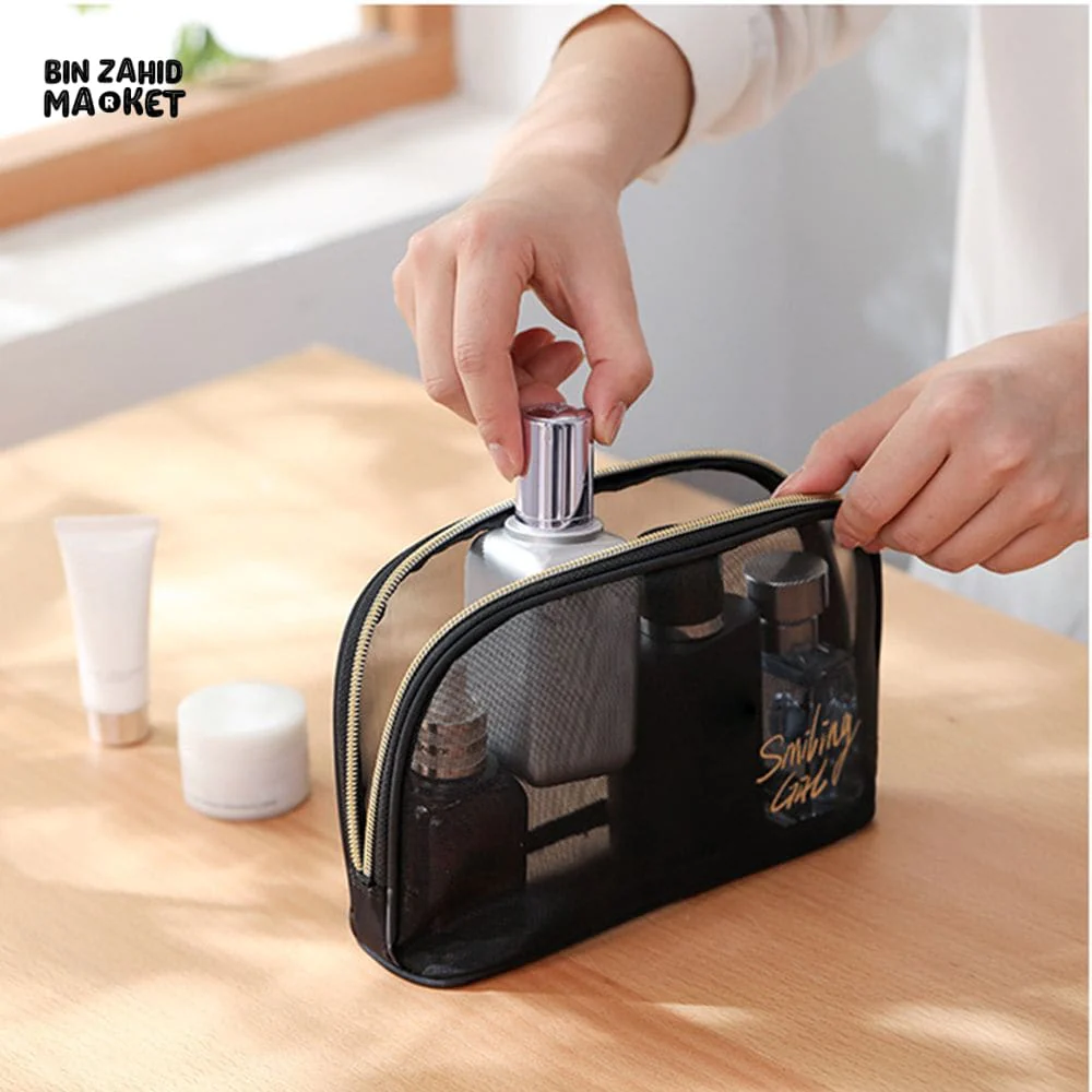 5 PIECES BLACK MESH COSMETIC BAG SET – TRANSPARENT TRAVEL MAKEUP ORGANIZER SMALL & LARGE TOILETRY BAGS WITH BRUSH HOLDER - Image 8