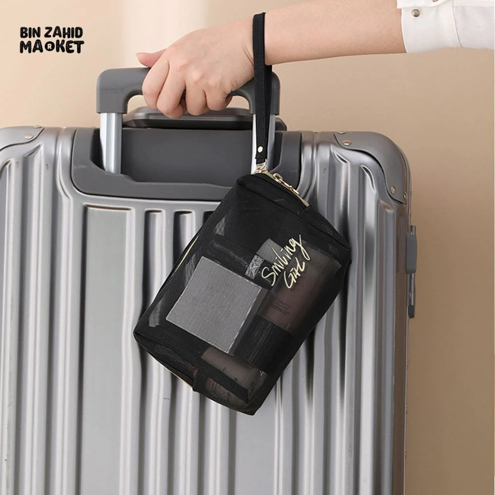 5 PIECES BLACK MESH COSMETIC BAG SET – TRANSPARENT TRAVEL MAKEUP ORGANIZER SMALL & LARGE TOILETRY BAGS WITH BRUSH HOLDER - Image 9