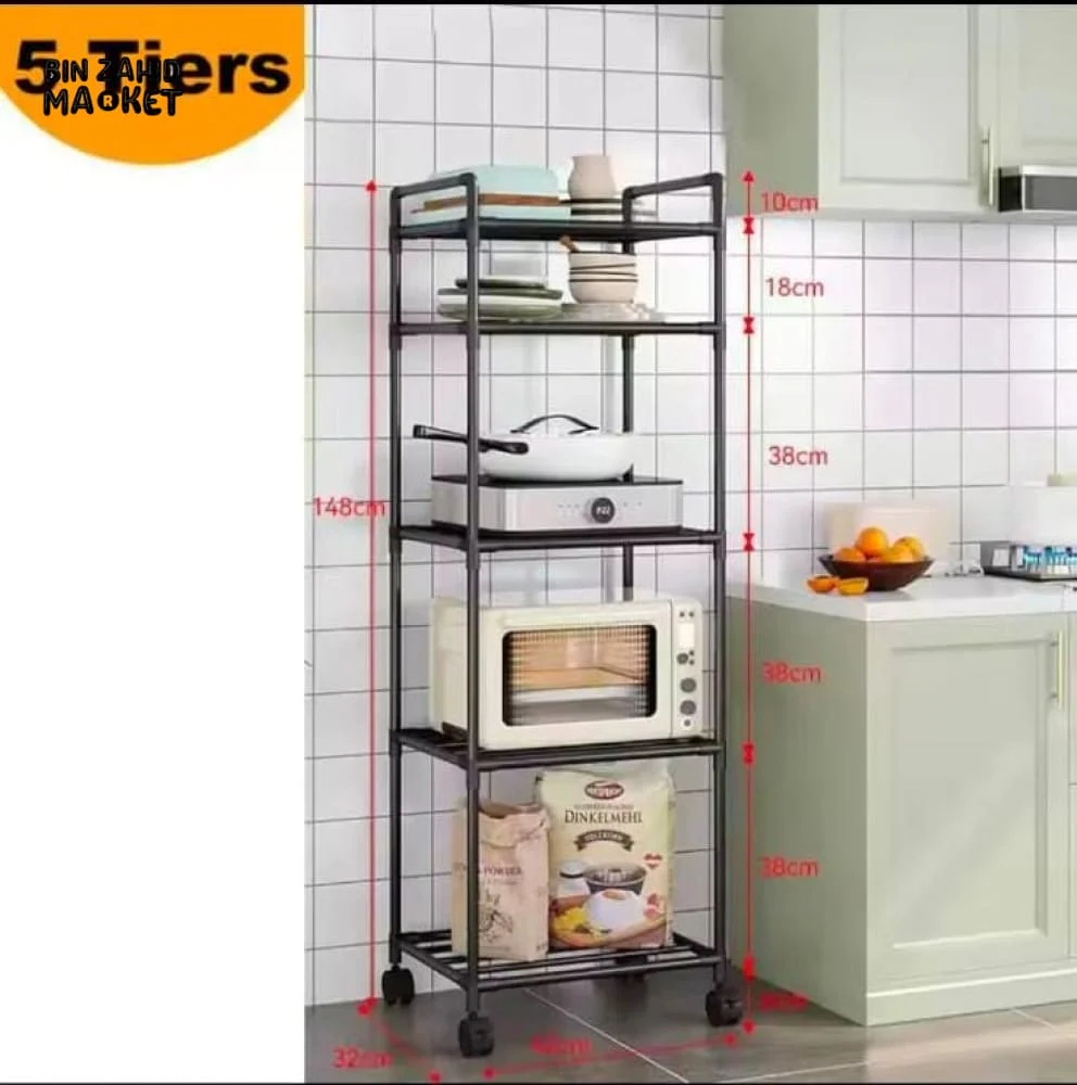 5-TIER KITCHEN ORGANIZER MICROWAVE STORAGE RACK PULLEY TROLLEY POT STORAGE BATHROOM SHELVES - Image 7