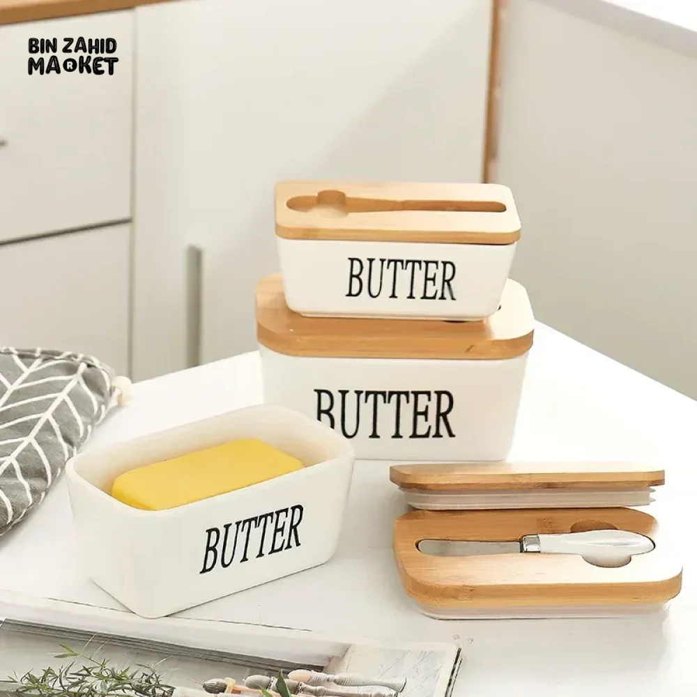 500 ML CERAMIC BUTTER CONTAINER WITH KNIFE BAMBOO LID - Image 2