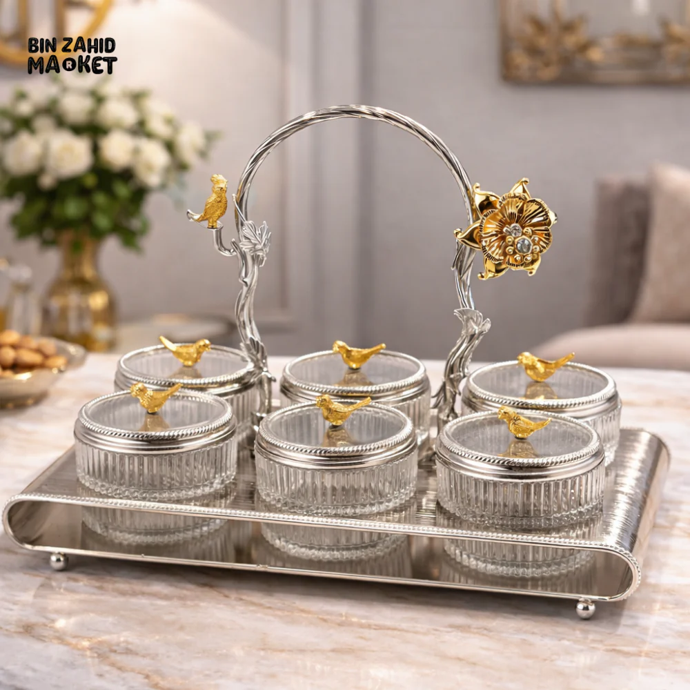 6-PARTITION LUXURY DRY FRUIT TRAY SET WITH LIDS & HANDLE  DECORATIVE SERVING SET - SILVER