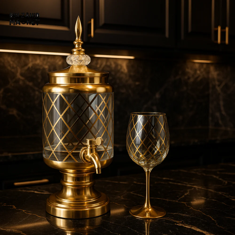 7 PIECES LUXURY BEVERAGE DISPENSER SET – GOLDEN DIAMOND DESIGN WITH GLASS STAND & GOBLET - Image 2
