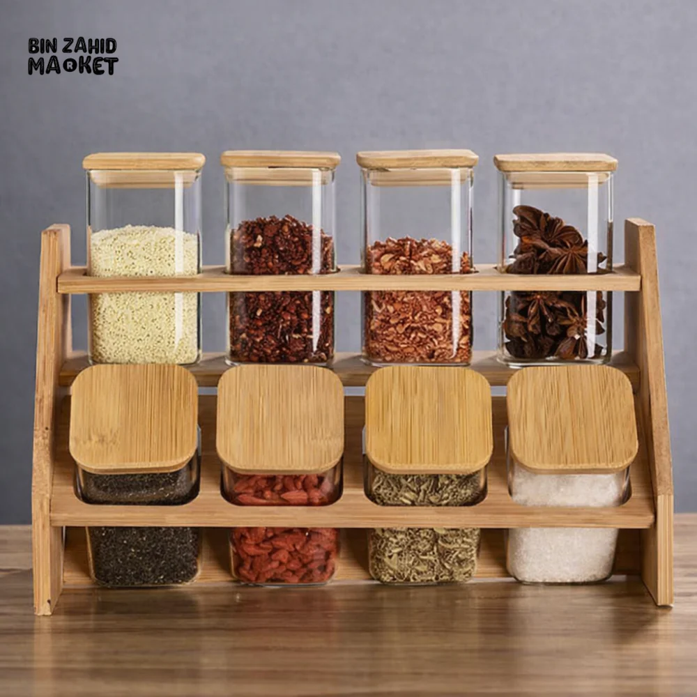 8-PIECE GLASS JAR SET WITH WOODEN STAND – KITCHEN SPICE ORGANIZER - Image 2