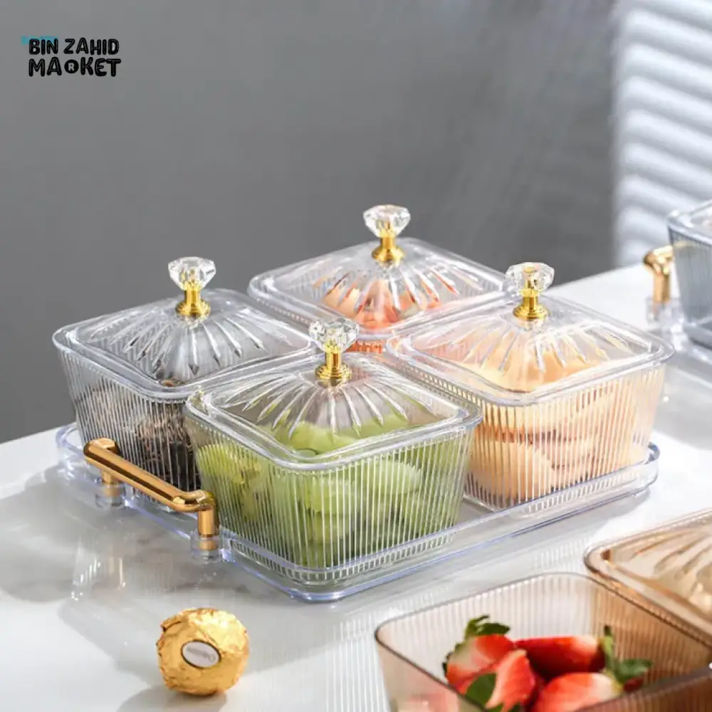 ACRYLIC 4-PIECE CANDY STORAGE TRAY SET WITH GLASS LID SERVING FRUIT TRAY & DESKTOP CANDY CONTAINER - SQUARE