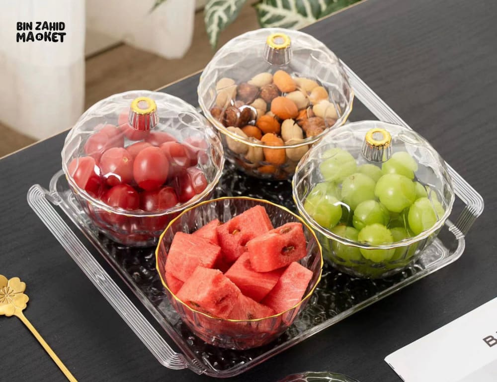 ACRYLIC 4-PIECE CANDY STORAGE TRAY SET WITH GLASS LID SERVING FRUIT TRAY & DESKTOP CANDY CONTAINER - SQUARE - Image 2