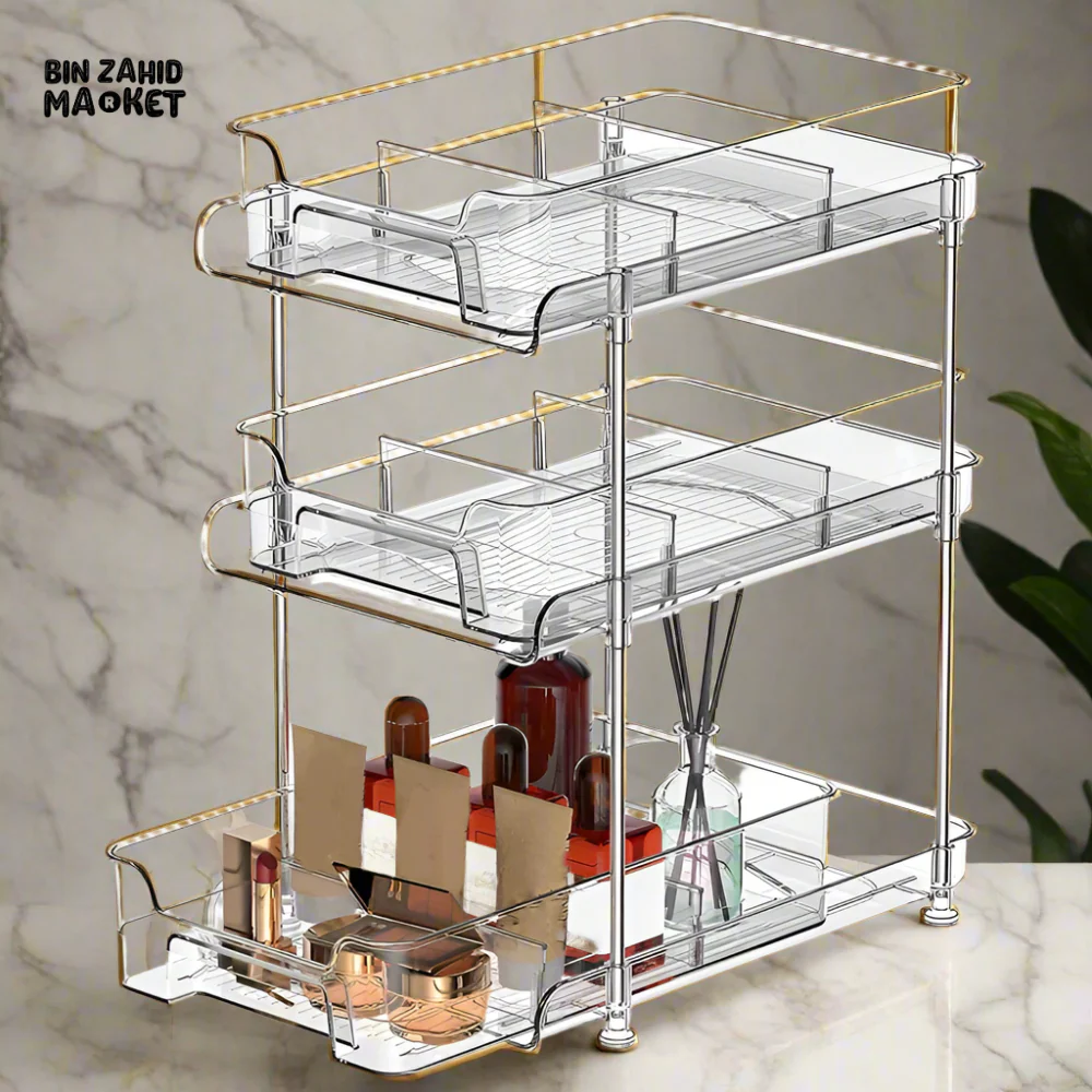 ACRYLIC CLEAR PULL-OUT STORAGE ORGANIZER COSMETIC & FOOD STORAGE - 3 TIER - Image 2