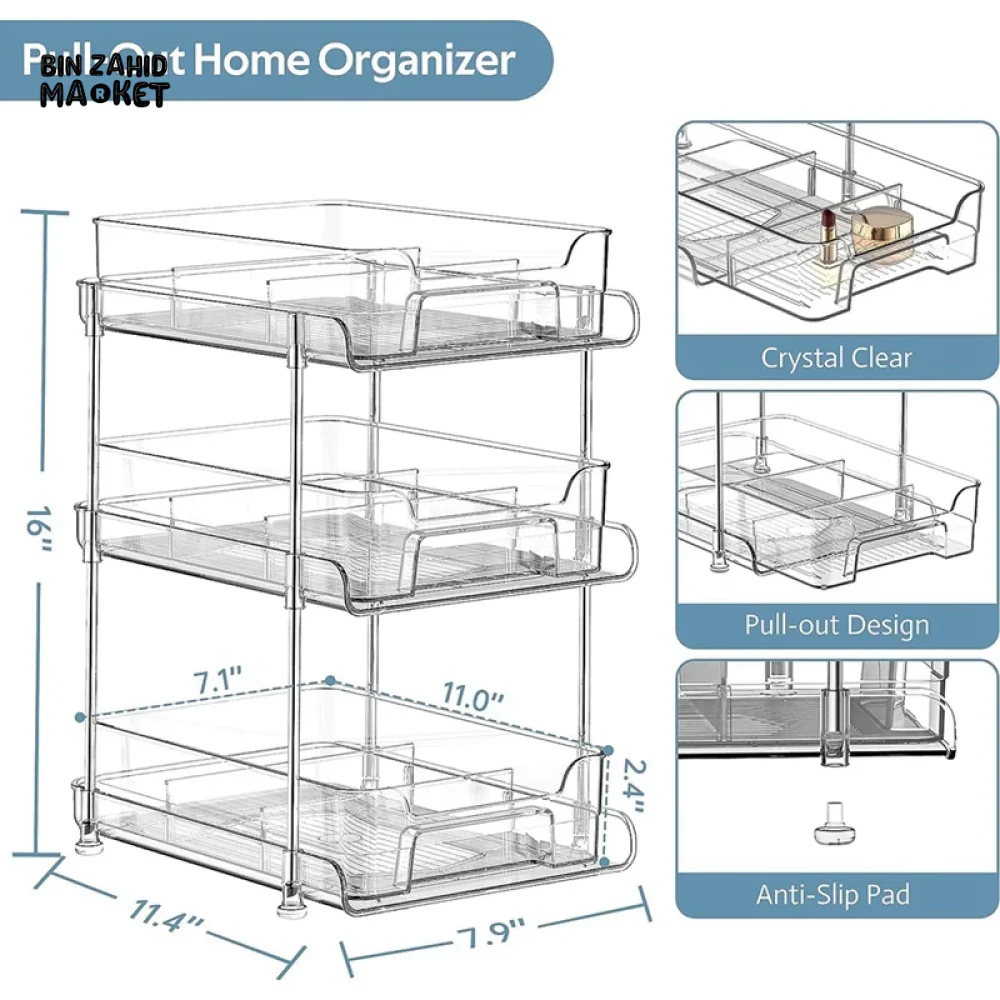 ACRYLIC CLEAR PULL-OUT STORAGE ORGANIZER COSMETIC & FOOD STORAGE - 3 TIER - Image 4