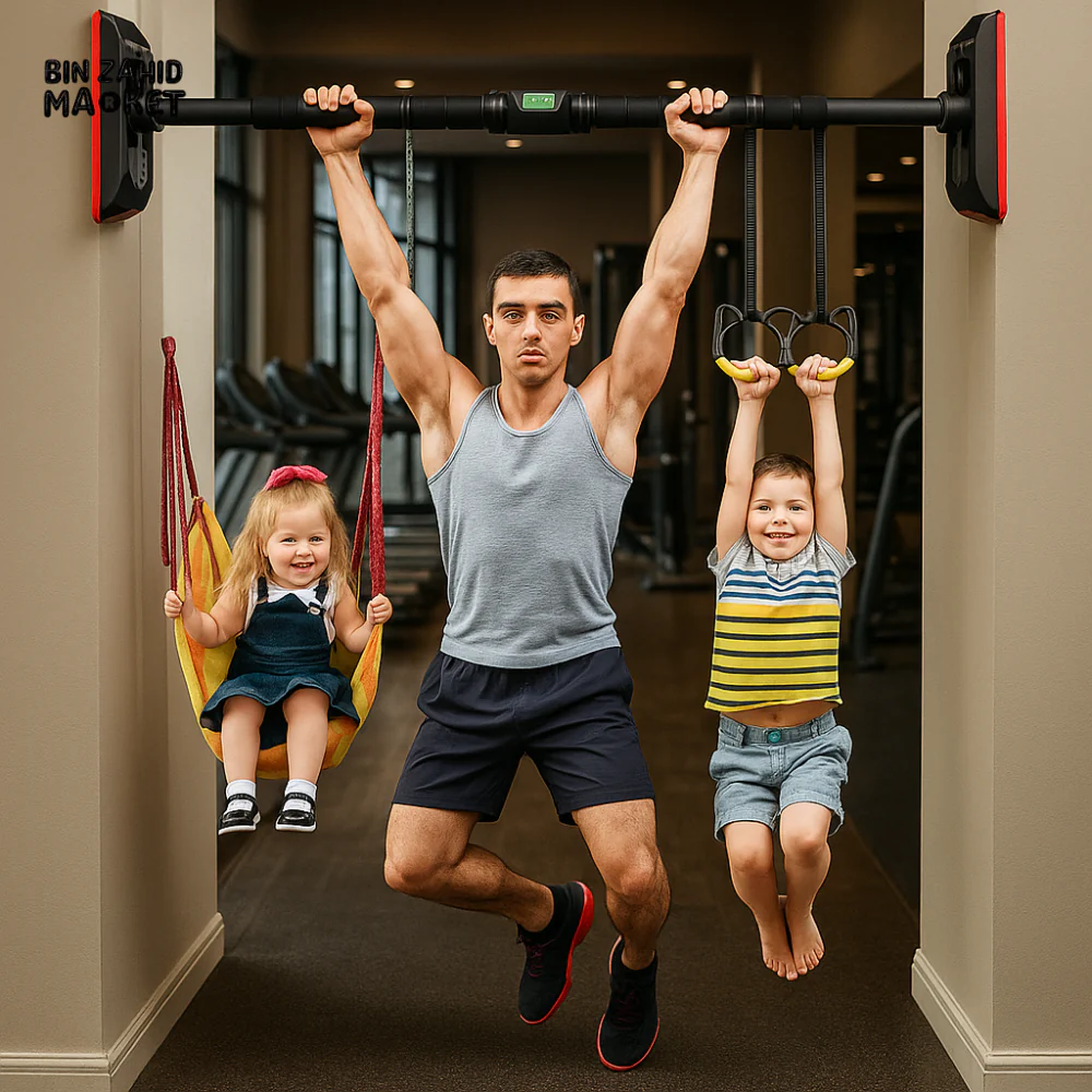MULTI-FUNCTION DOORWAY PULL-UP BAR WITH KIDS GYM RINGS & SWING – ADJUSTABLE HOME WORKOUT FITNESS BAR FOR MEN & CHILDREN