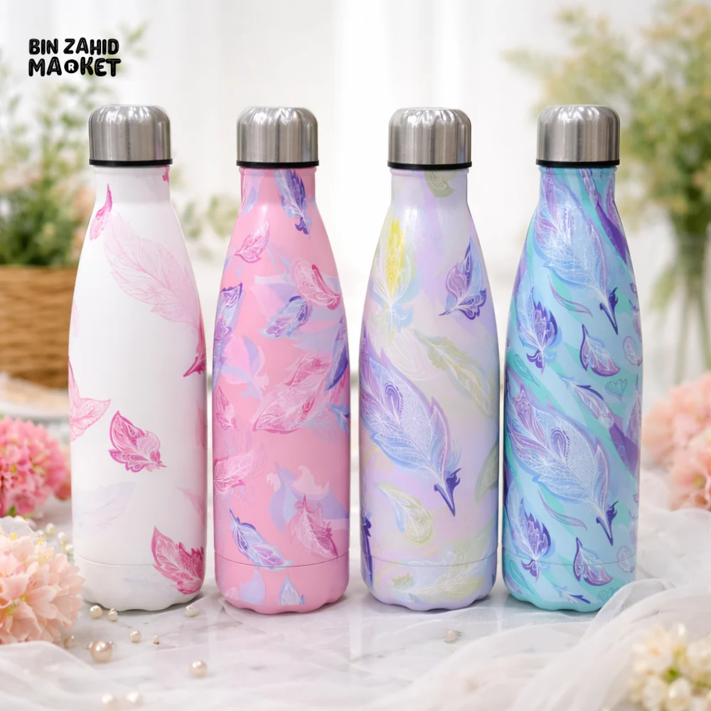 AESTHETIC FEATHER PRINT INSULATED WATER BOTTLE – AQUA FEATHER BLOOM - Image 2