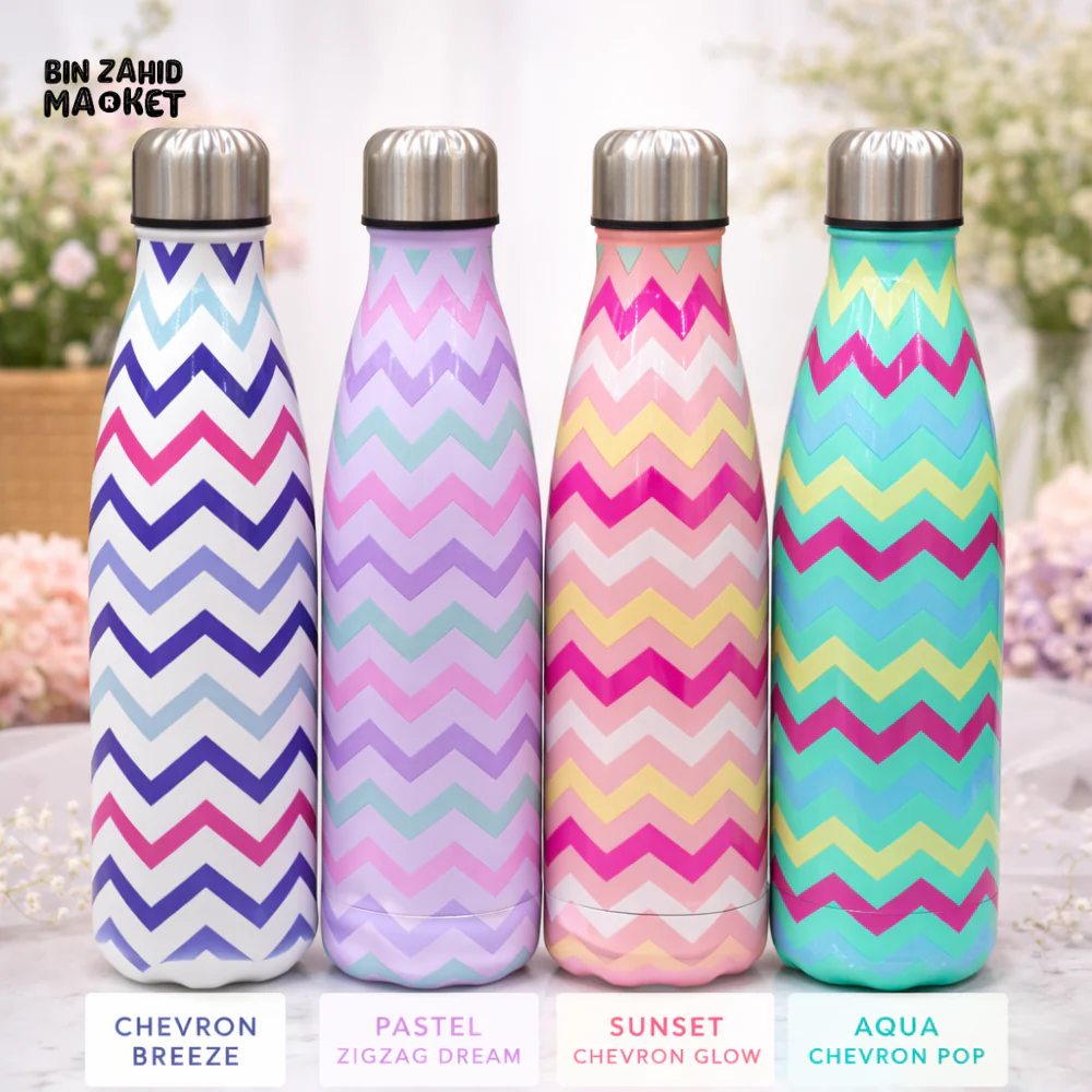 AESTHETIC ZIGZAG PRINT INSULATED WATER BOTTLE - AQUA CHEVRON POP - Image 2