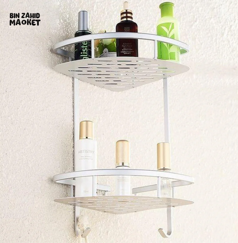 ALUMINUM CORNER RACK – 2-TIER WALL SHELF FOR BATHROOM & KITCHEN
