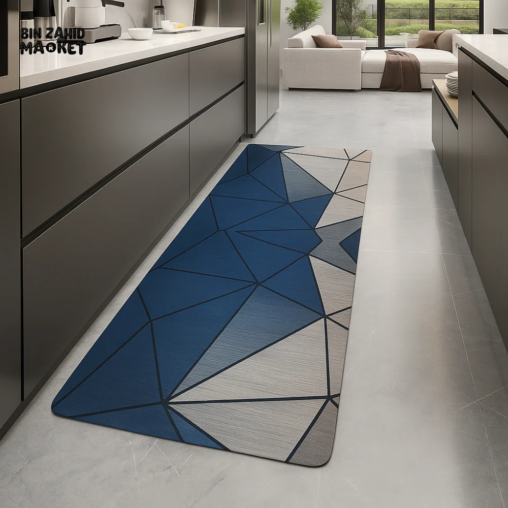ANTI-FATIGUE KITCHEN FLOOR MAT – LUXURY NON-SLIP WATERPROOF COMFORT RUG WITH BLUE GEOMETRIC DESIGN