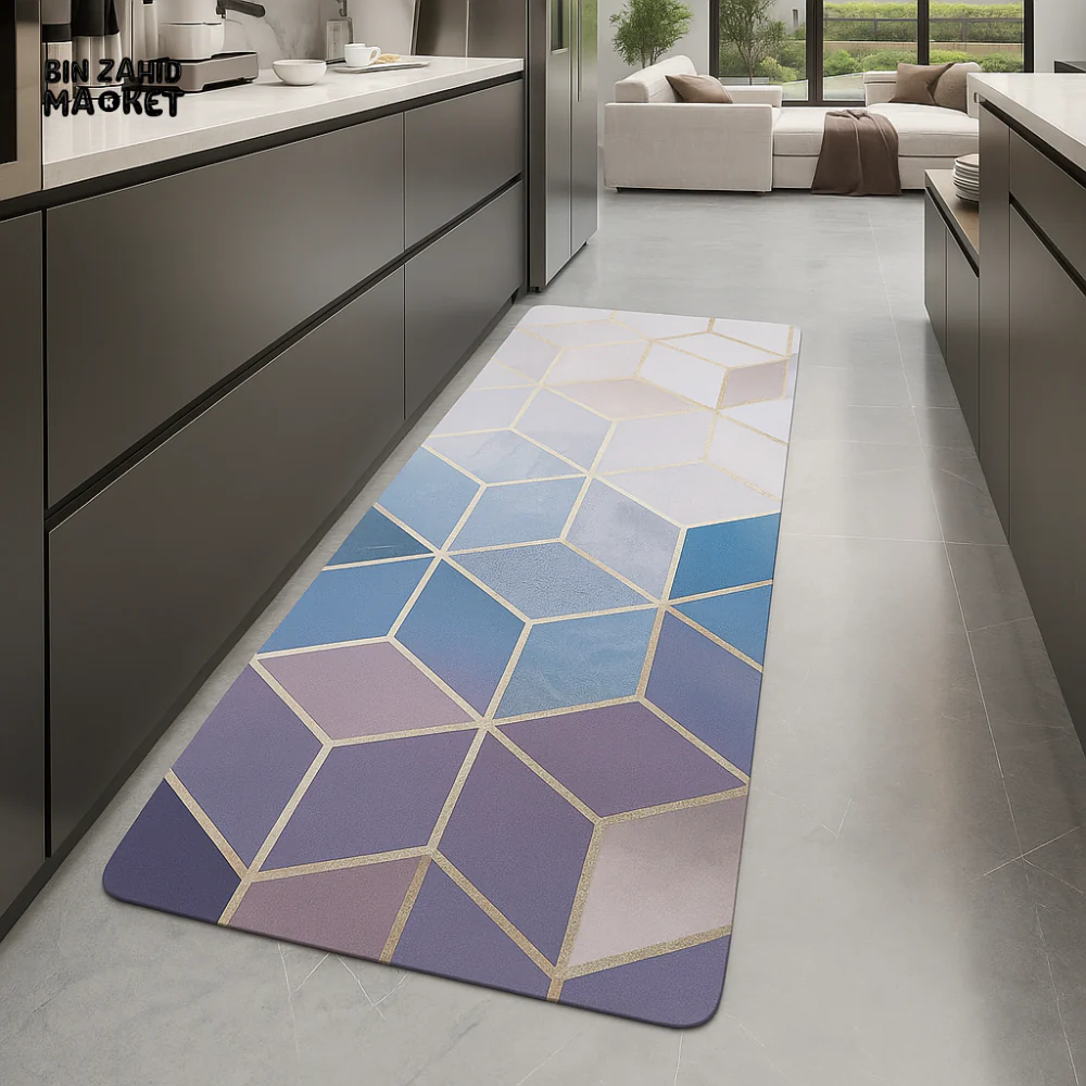 ANTI-FATIGUE KITCHEN FLOOR MAT – LUXURY NON-SLIP WATERPROOF COMFORT RUG WITH HEXAGON GEOMETRIC DESIGN IN PURPLE & BLUE GRADIENT