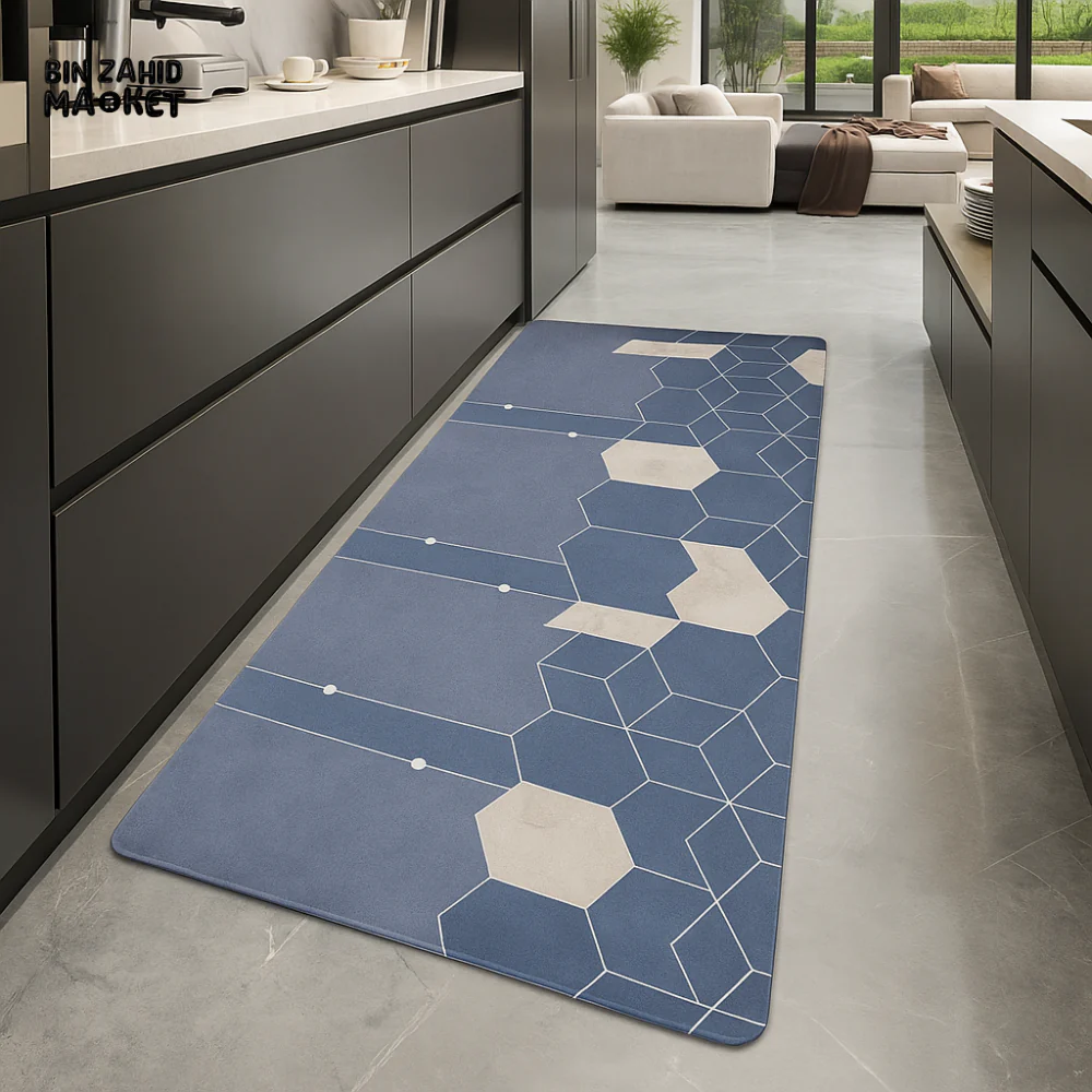 ANTI-FATIGUE KITCHEN FLOOR MAT – LUXURY NON-SLIP WATERPROOF COMFORT RUG WITH MODERN BLUE GEOMETRIC DESIGN