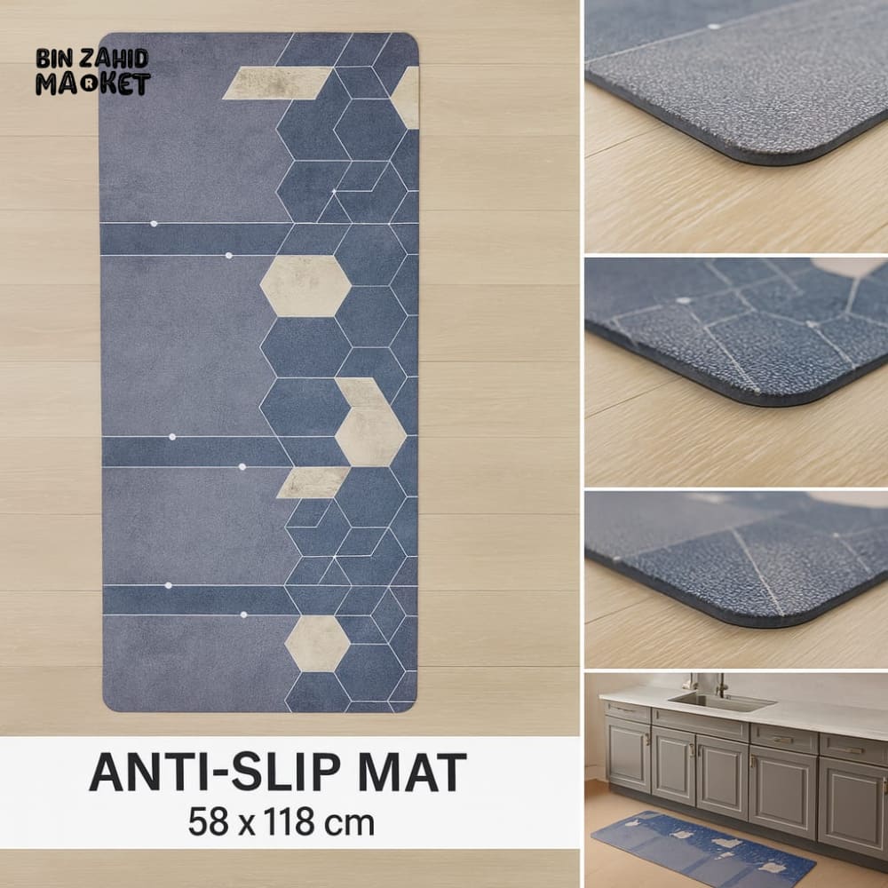 ANTI-FATIGUE KITCHEN FLOOR MAT – LUXURY NON-SLIP WATERPROOF COMFORT RUG WITH MODERN BLUE GEOMETRIC DESIGN - Image 2