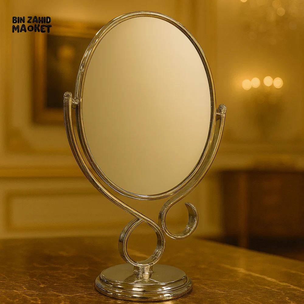 LUXURY SILVER OVAL MAKEUP MIRROR – STYLISH TABLETOP VANITY MIRROR WITH METAL BASE