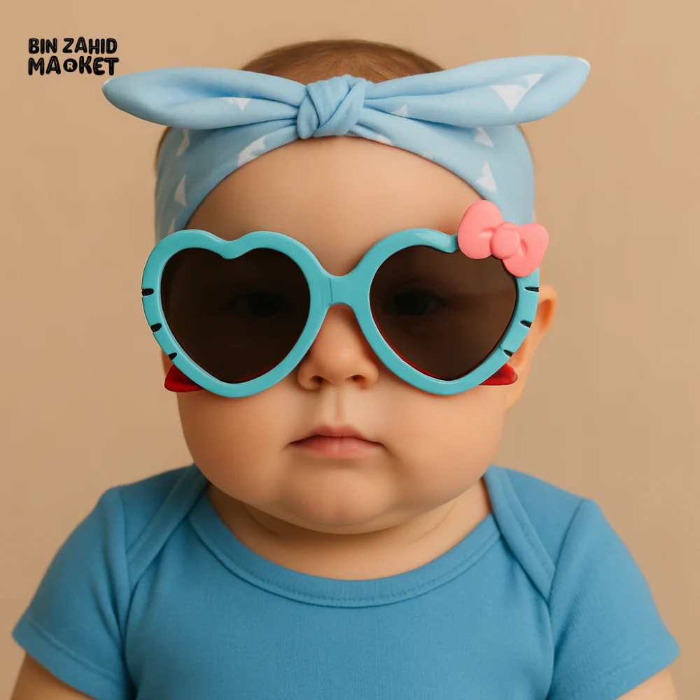 BABY GIRL BLUE HEADBAND WITH HEART SHAPED SUNGLASSES – CUTE INFANT SUMMER ACCESSORY SET