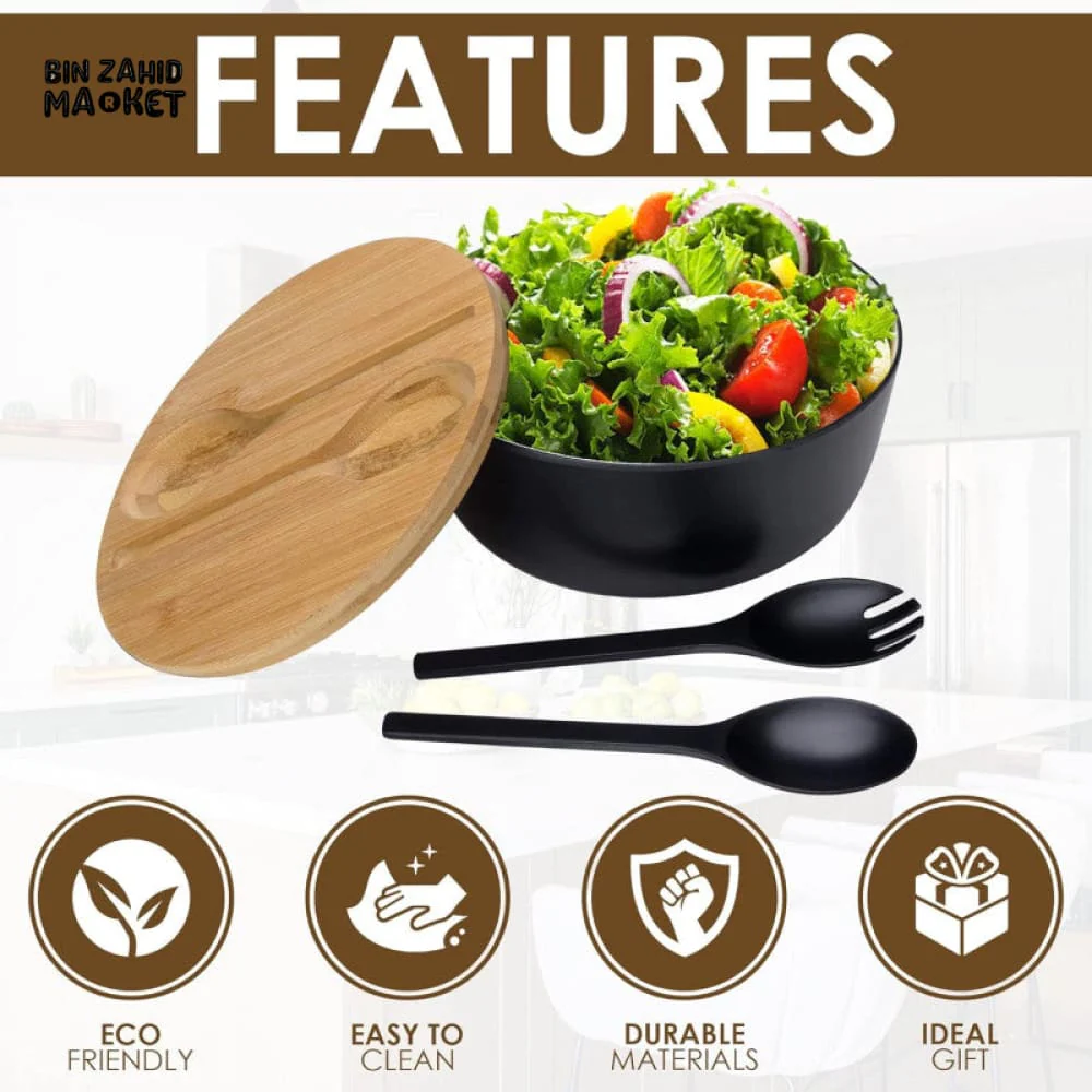 BAMBOO FIBER SALAD BOWL SET WITH WOODEN LID & SERVERS - Image 4