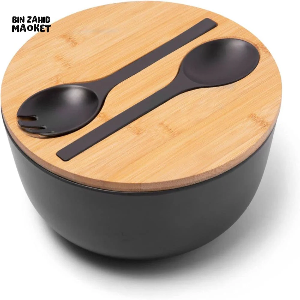 BAMBOO FIBER SALAD BOWL SET WITH WOODEN LID & SERVERS - Image 6