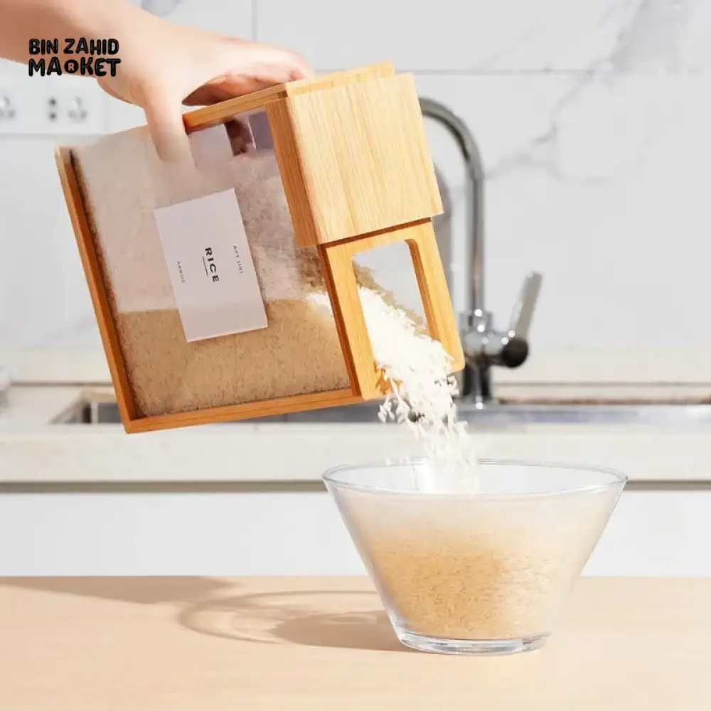 BAMBOO GRAIN STORAGE BOX AIRTIGHT SQUARE PANTRY ORGANIZER FOR RICE CEREAL DRY GOODS - Image 6