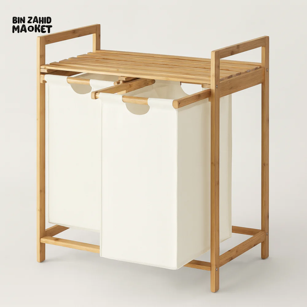 BAMBOO LAUNDRY HAMPER WITH DUAL COMPARTMENTS - WHITE