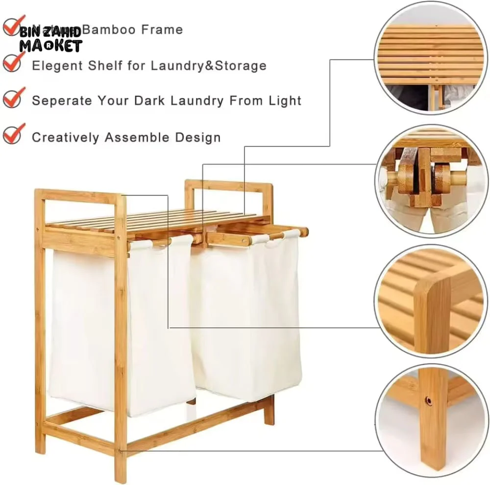 BAMBOO LAUNDRY HAMPER WITH DUAL COMPARTMENTS - WHITE - Image 2
