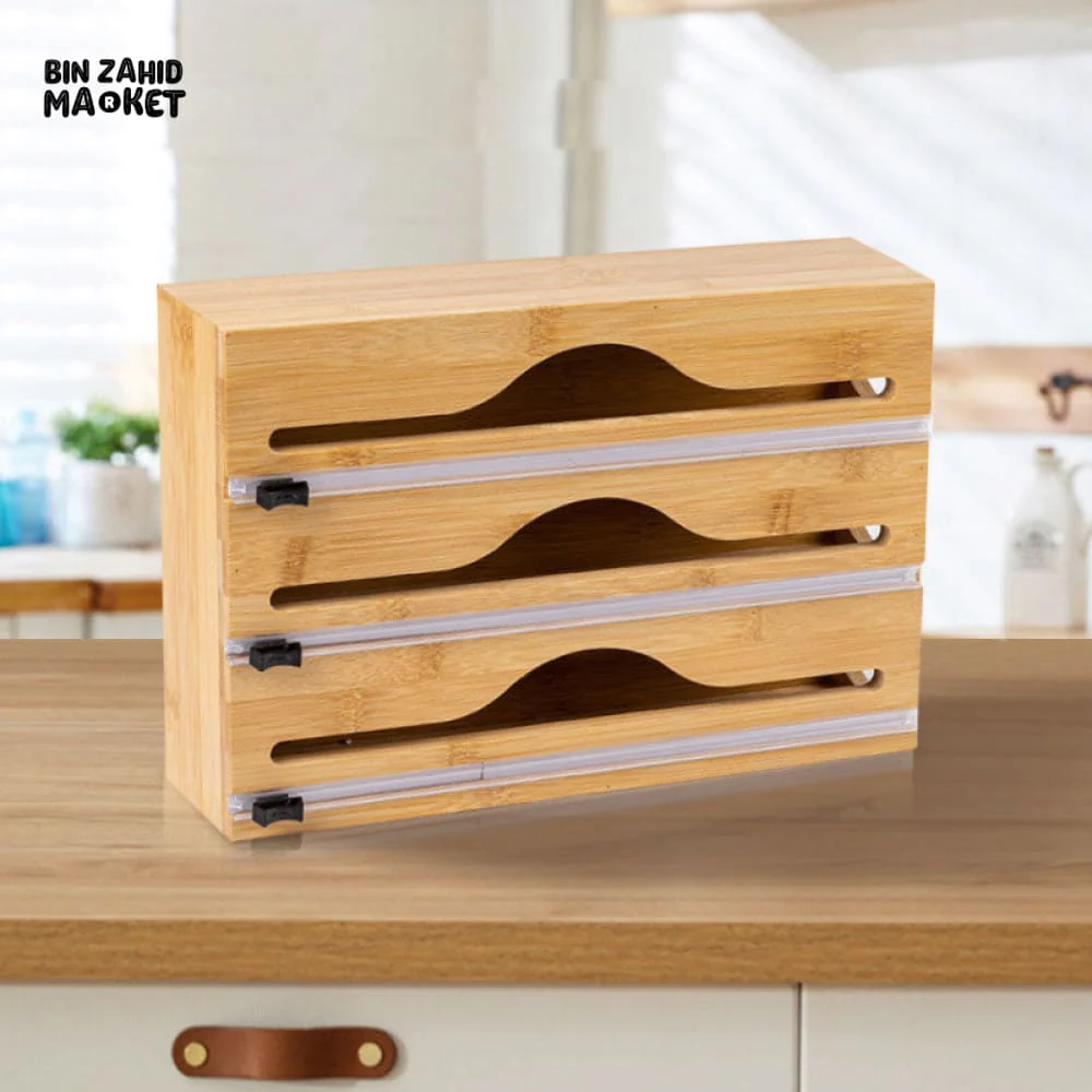 BAMBOO WRAP DISPENSER WITH SLIDER CUTTER – WALL MOUNTED PLASTIC & FOIL ORGANIZER FOR KITCHEN STORAGE AND FOOD WRAPPING 3IN1 - Image 3