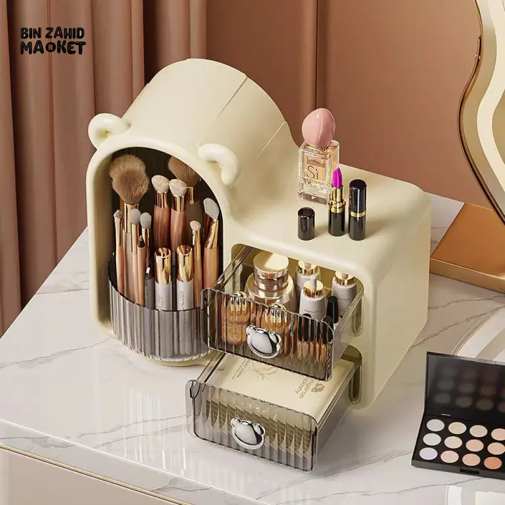 BEAR-SHAPED 360° MAKEUP BRUSH HOLDER – WALL-MOUNTED, DUSTPROOF WITH DRAWER & LID - Image 2