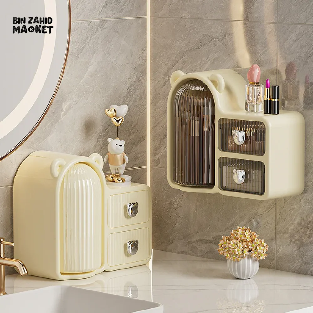 BEAR-SHAPED 360° MAKEUP BRUSH HOLDER – WALL-MOUNTED, DUSTPROOF WITH DRAWER & LID - Image 3