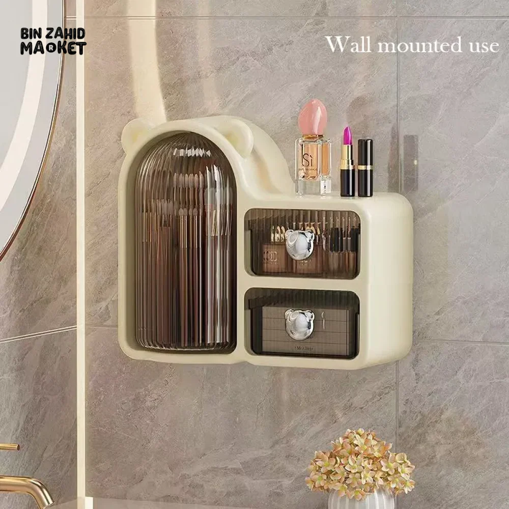 BEAR-SHAPED 360° MAKEUP BRUSH HOLDER – WALL-MOUNTED, DUSTPROOF WITH DRAWER & LID - Image 5