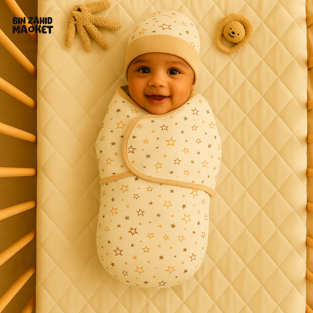 BEIGE BORDER STAR PRINT NEWBORN SWADDLE SET WITH CAP & MITTENS – SOFT COTTON WRAP