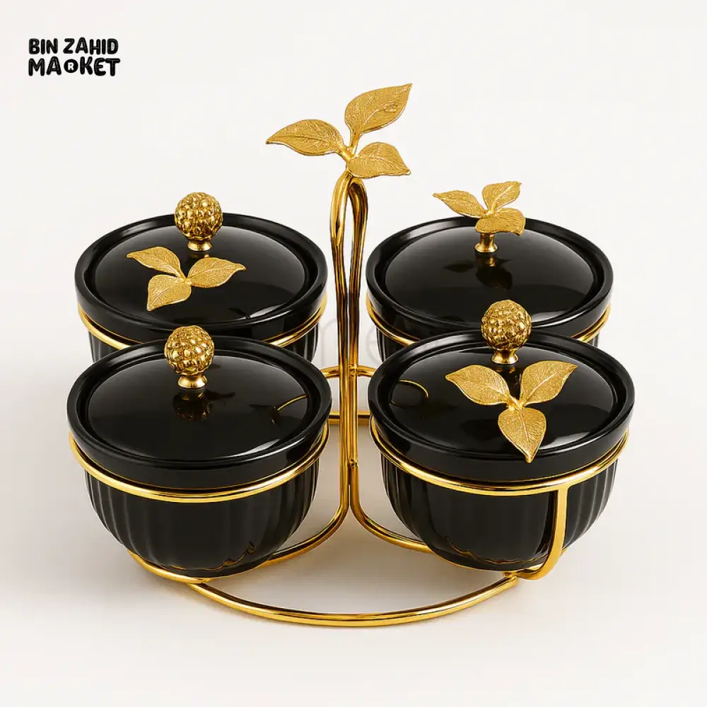 BLACK AND GOLD 4 PIECE CONDIMENT JAR SET WITH TRAY AND CRYSTAL KNOB LIDS -  ZQ-110-4 - Image 2