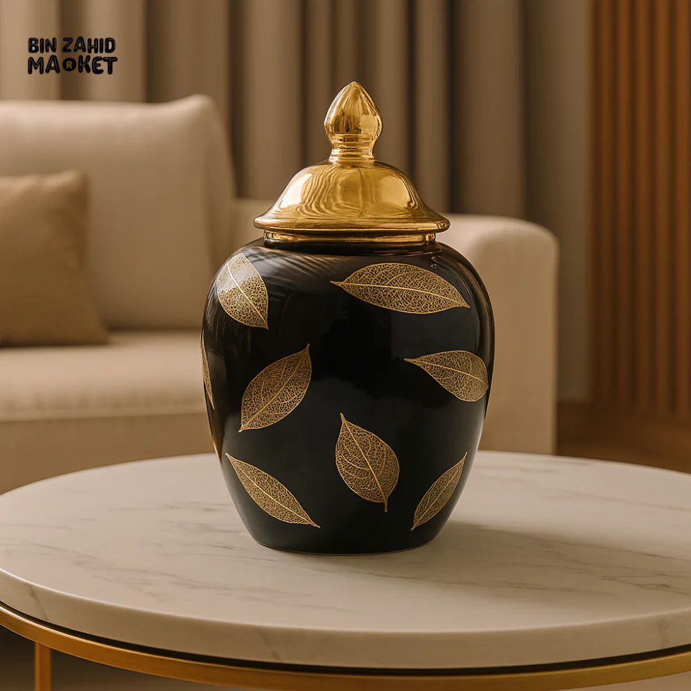 BLACK & GOLD CERAMIC JAR WITH LID – ELEGANT DECORATIVE STORAGE VASE - YC-006