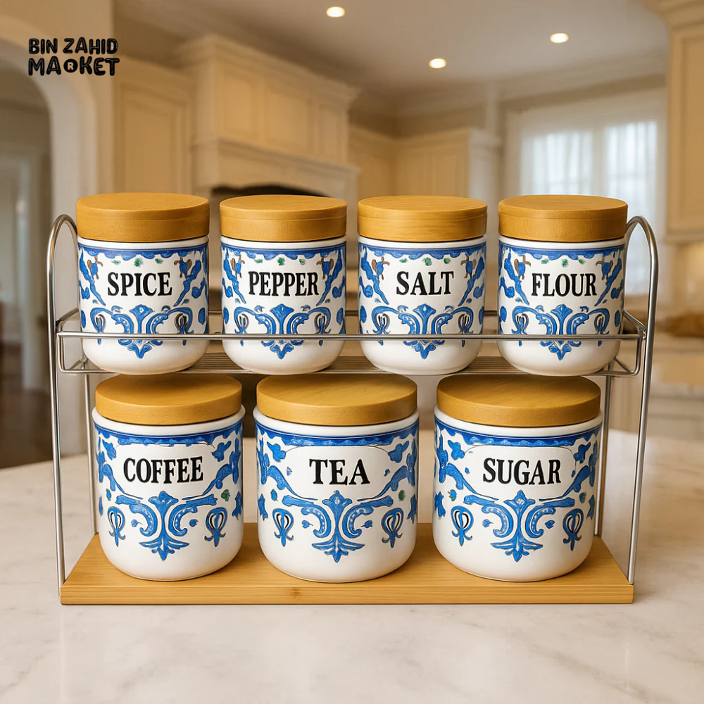 BLUE & WHITE CERAMIC KITCHEN CANISTER SET 7 PIECES – TEA COFFEE SUGAR SPICE, BAMBOO LIDS