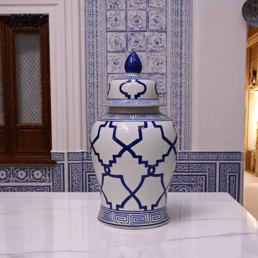 BLUE & WHITE PORCELAIN JAR – GREEK KEY PATTERN ORIENTAL VASE DECOR - Image 3