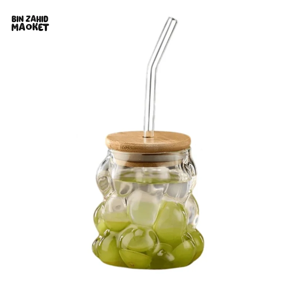 BUBBLE GLASS CUP WITH BAMBOO LID & STRAW - Image 2