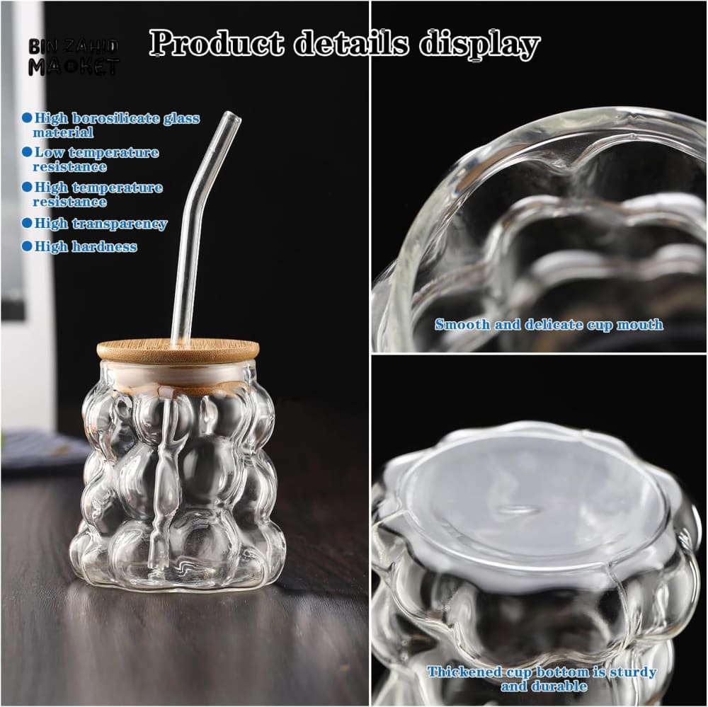 BUBBLE GLASS CUP WITH BAMBOO LID & STRAW - Image 4
