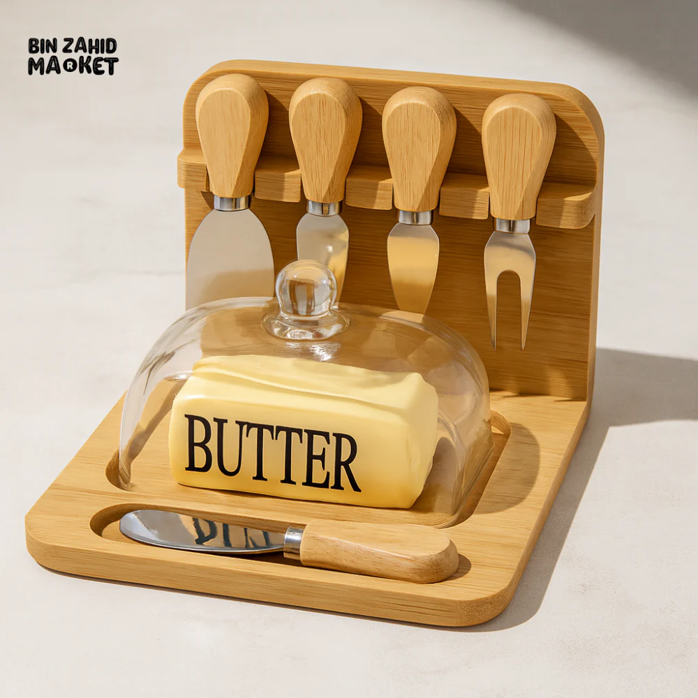 BUTTER DISH AND CHEESE KNIFE SET WITH BAMBOO BASE AND GLASS LID