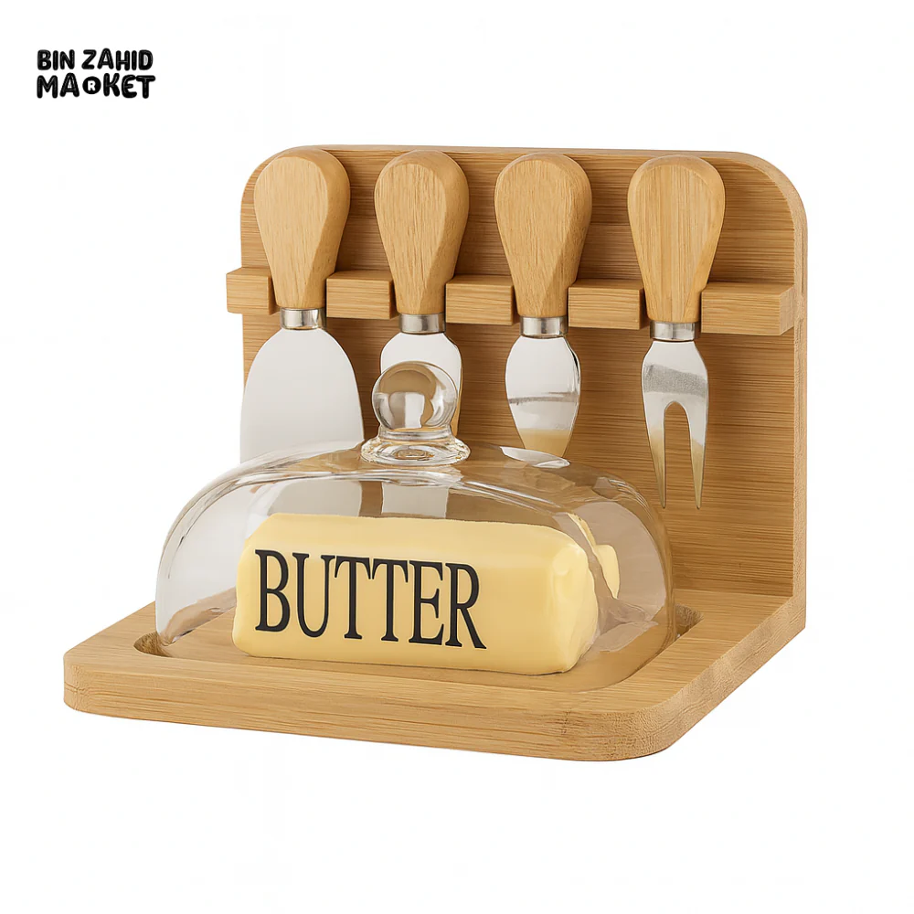 BUTTER DISH AND CHEESE KNIFE SET WITH BAMBOO BASE AND GLASS LID - Image 2