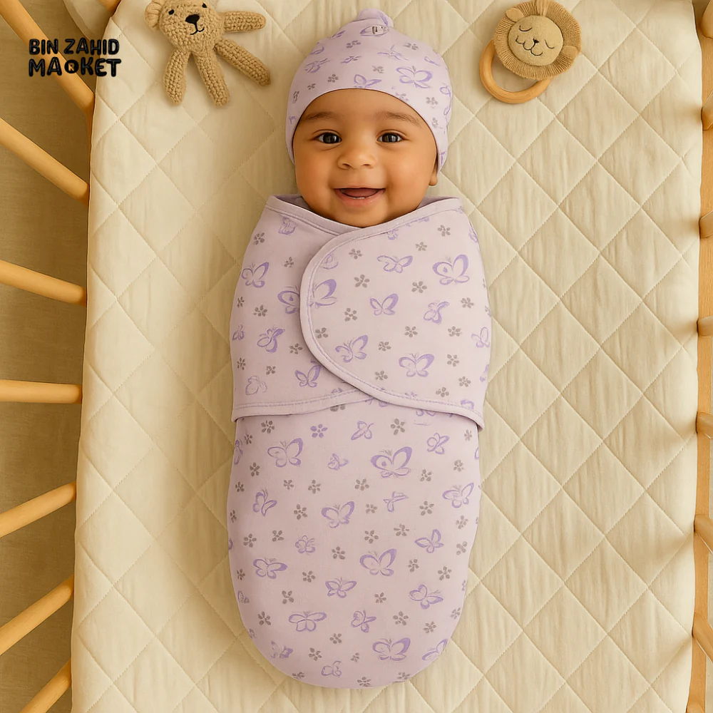 BUTTERFLY PRINT NEWBORN SWADDLE SET WITH CAP & MITTENS – LAVENDER PURPLE