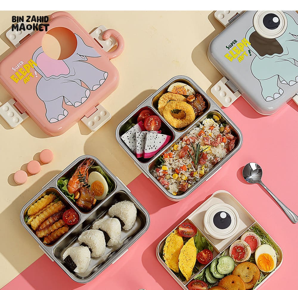 CARTOON ANIMAL CHARACTER DIVIDED LUNCH BOX PORTABLE  KIDS LUNCHBOX WITH COMPARTMENTS - SUPER ELEPHANT - Image 4