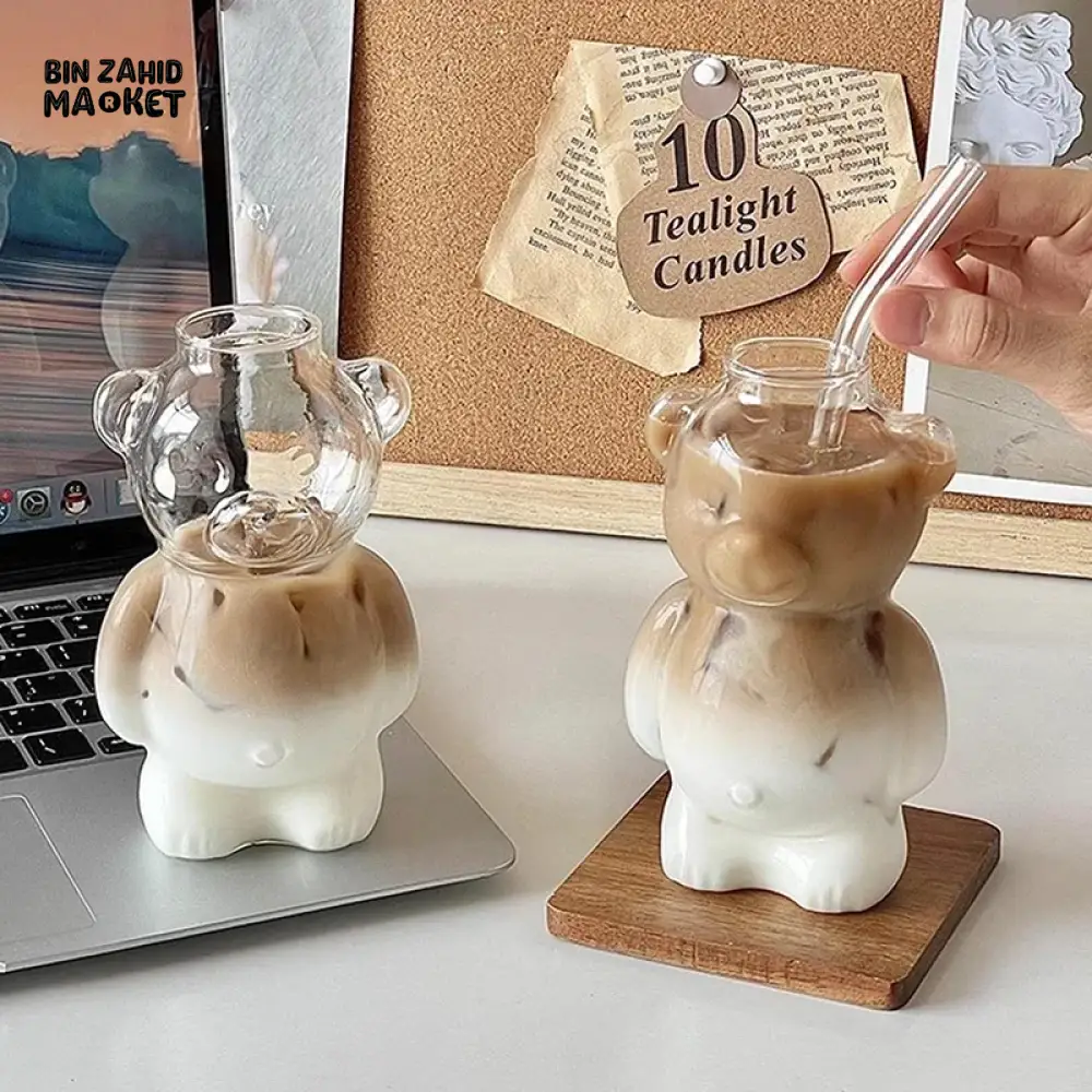 BEARISTA TYPE GLASS CUP WITH STRAW 450ML