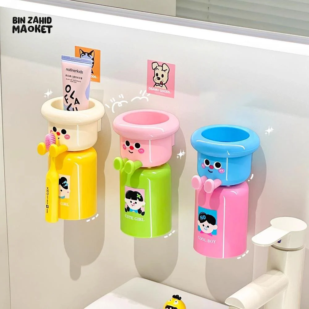 CARTOON TOOTHBRUSH HOLDER WITH GARGLE CUP – PUNCH-FREE WALL-MOUNTED BATHROOM ORGANIZER - Image 5