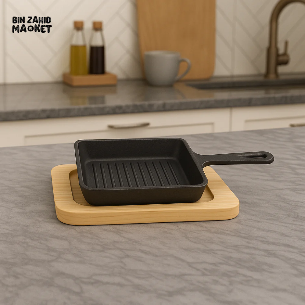 CAST IRON SIZZLER GRILL PAN WITH STEAK – PREMIUM KITCHEN SERVING SET