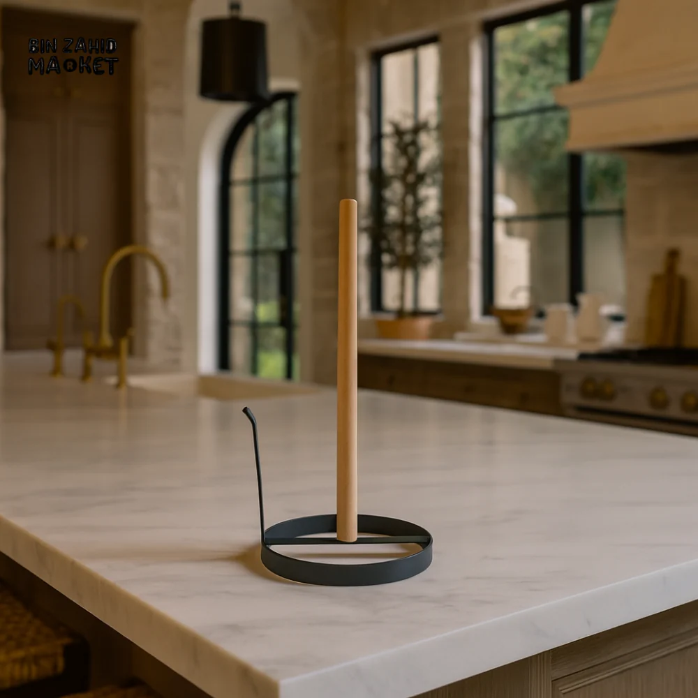 WOODEN & METAL PAPER TOWEL HOLDER WITH TISSUE ROLL – LUXURY KITCHEN COUNTERTOP STAND - Image 2