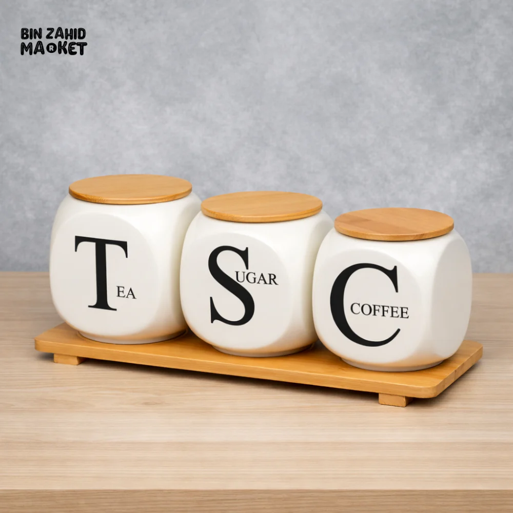 CERAMIC COFFEE SUGAR TEA STORAGE JAR SET WITH BAMBOO LIDS – KITCHEN CANISTER SET WITH WOODEN TRAY