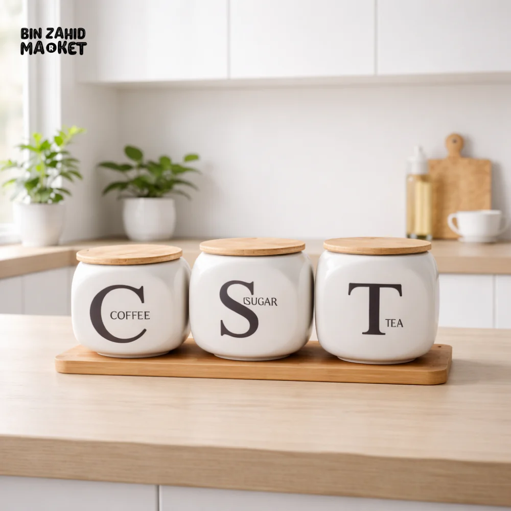 CERAMIC COFFEE SUGAR TEA STORAGE JAR SET WITH BAMBOO LIDS – KITCHEN CANISTER SET WITH WOODEN TRAY - Image 2